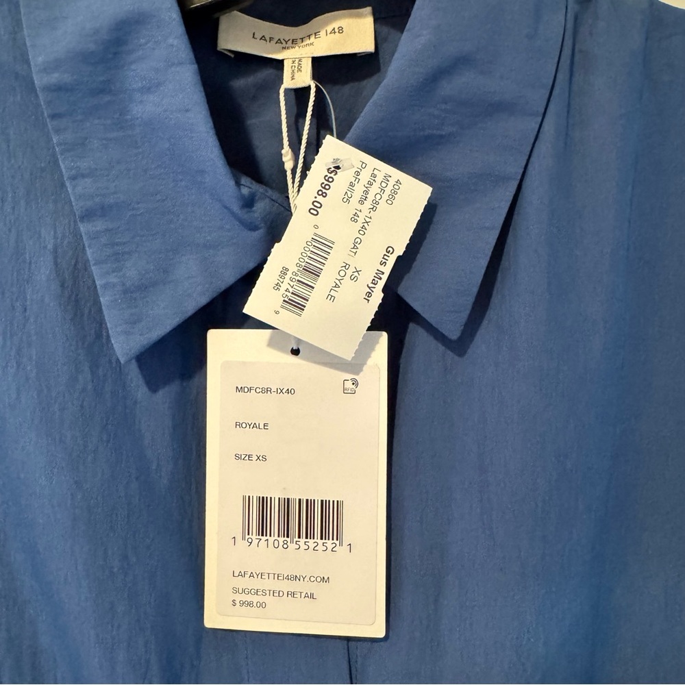 NWT Lafayette 148 New York Royale Blue Drawstring Gathered Midi Shirtdress | XS - Picture 5 of 8